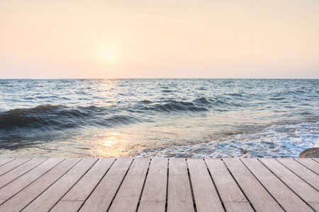 Beach Scene With Wooden Floor background can put or montage your productsの写真素材