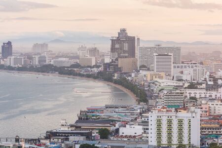Building and skyscrapers in twilight sunrise time in Pattaya,Thailand.のeditorial素材