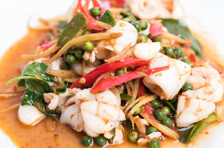 Spicy seafood stir fried, Thai spicy herb foodの写真素材