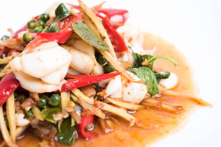 Spicy seafood stir fried, Thai spicy herb foodの写真素材
