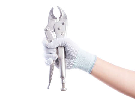 Hand gloves holding pliers. Isolated on white backgroundの写真素材