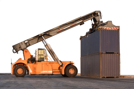 Forklift handling container box loading on white background