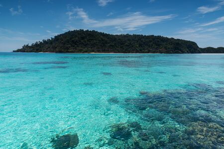 Beach on the tropical island with green water blue sky, koh rok of Thailandの写真素材