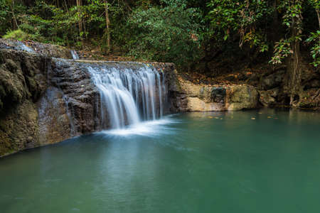 Waterfall erawan with rock Kanchanaburi of Thailand