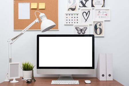 Monitor computer PC workspace in home or studio on wooden deskのeditorial素材