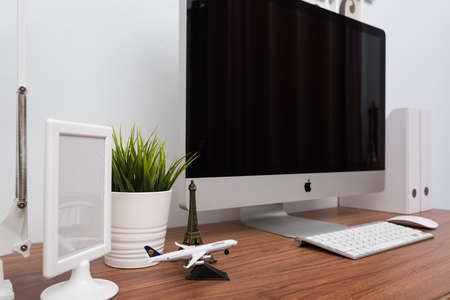Monitor computer PC workspace in home or studio on wooden deskのeditorial素材