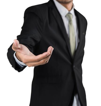 Businessman holding open hand, giving showing concept isolate on white backgroundの写真素材