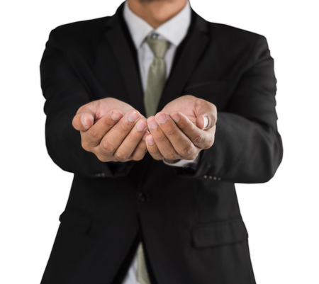 businessman open hands outstretched forward, giving showing concept isolate on white backgroundの写真素材