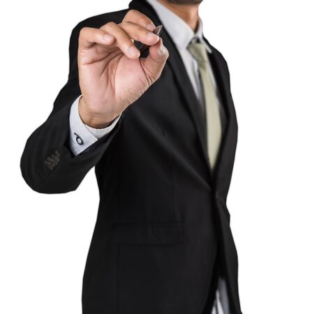 Businessman writing, drawing blank screen isolate on white backgroundの写真素材
