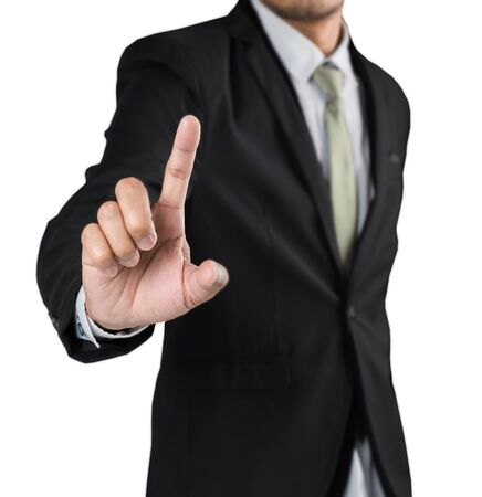 businessman hand pushing blank screen isolate on white backgroundの写真素材