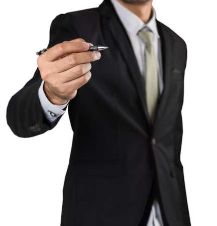Businessman writing, drawing blank screen isolate on white backgroundの写真素材