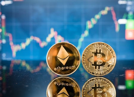 Business bitcoin and ethereum coin finance money on graph chart background