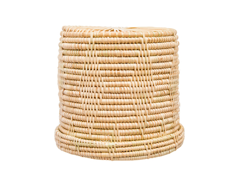 Wood basket wicker wooden in handmade front view isolate on over white backgroundの写真素材