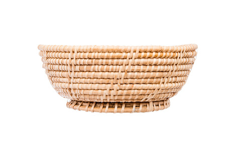 Wood basket wicker wooden in handmade front view isolate on over white backgroundの写真素材