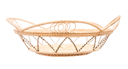 Wood basket wicker wooden in handmade front view isolate on over white backgroundの写真素材