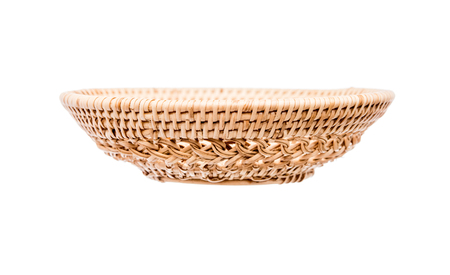 Wood basket wicker wooden in handmade front view isolate on over white backgroundの写真素材