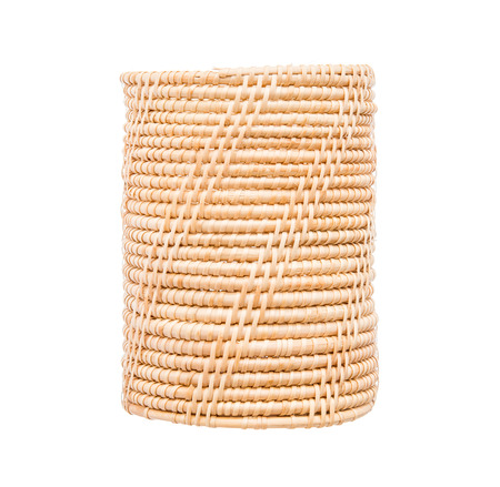 Wood basket wicker wooden in handmade front view isolate on over white backgroundの写真素材