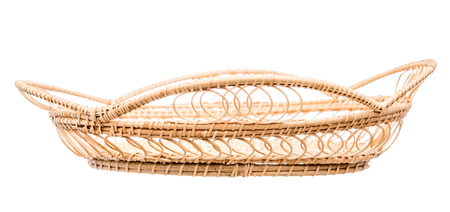 Wood basket wicker wooden in handmade front view isolate on over white backgroundの写真素材
