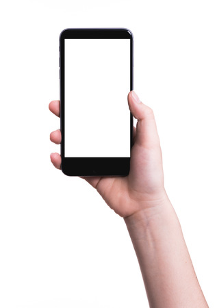 Female hand holding mobile smartphone blank white screen isolated on white backgroundの写真素材