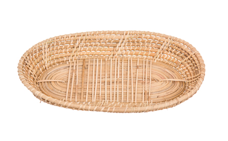 Wood basket wicker wooden in handmade 45 degree view isolate on white backgroundの写真素材