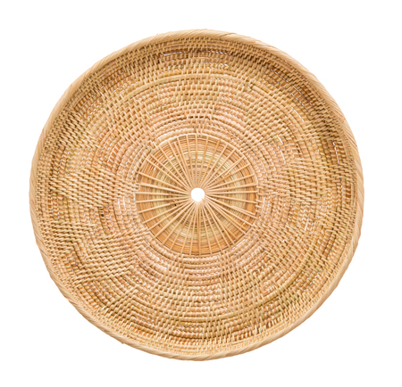 Wood basket wicker wooden in handmade top view isolate on over white backgroundの写真素材