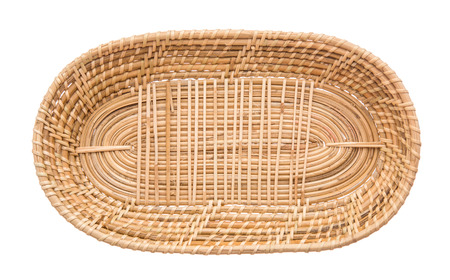 Wood basket wicker wooden in handmade top view isolate on over white backgroundの写真素材