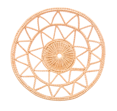 Wood basket wicker wooden in handmade top view isolate on over white backgroundの写真素材