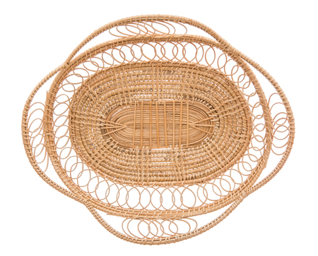 Wood basket wicker wooden in handmade top view isolate on over white backgroundの写真素材