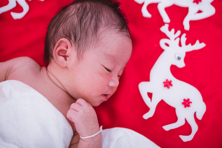 Newborn baby girl sleeping with deer, christmas or happy new year conceptの写真素材