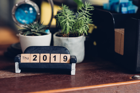 2019 new year wooden block number design at coffee shopの写真素材