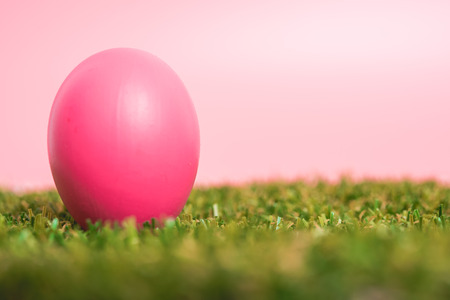 Pink easter eggs clean on grass and pink background, easter day conceptの写真素材