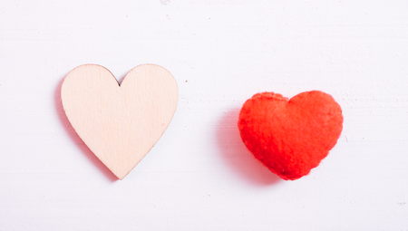 Close up Hearts on white wooden background, valentine day conceptの写真素材