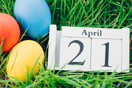 Easter egg on garden grass background, 21 April, Happy easter day conceptの写真素材