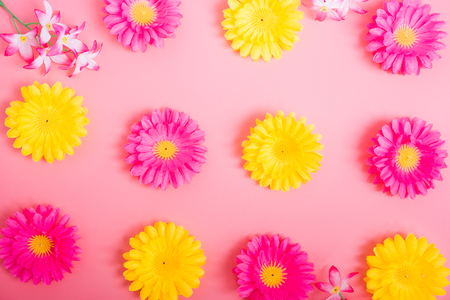 Red heart and flower on pink background with copy space, valentine day conceptの写真素材