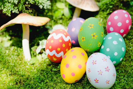 Beautiful Easter multi color egg on garden green grass, Easter day conceptの写真素材