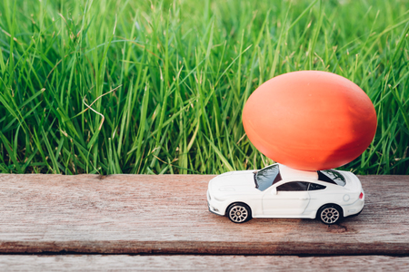 Easter egg and Car on garden grass background, Happy easter day conceptの写真素材