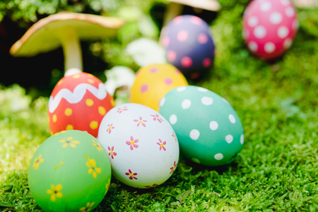 Beautiful Easter multi color egg on garden green grass, Easter day conceptの写真素材