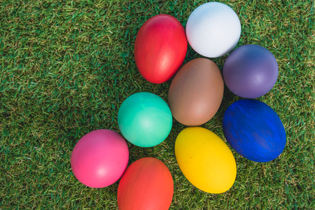 Top view of Easter eggs clean on grass background, easter day conceptの写真素材
