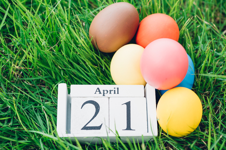 Easter egg on garden grass background, 21 April, Happy easter day conceptの写真素材