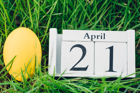 Easter egg on garden grass background, 21 April, Happy easter day conceptの写真素材