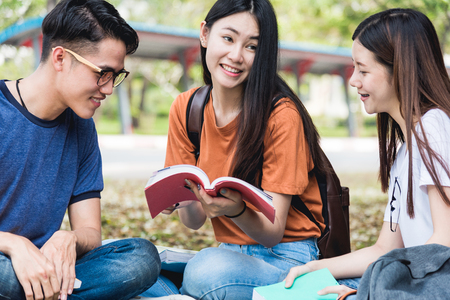 Top view high angle group of male and girl students are during reading books, Education conceptの写真素材
