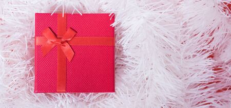 Top view close up Red gift box on white backgroundの写真素材