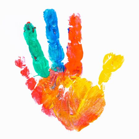 Hand of childhood education paint color on white paper