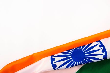 Indian republic day, flat lay top view, Indian tricolor flag on white background with copy space for your textの写真素材