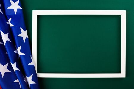 President's Day Concept, flat lay top view, America Flag and photo frame on Olive green background...