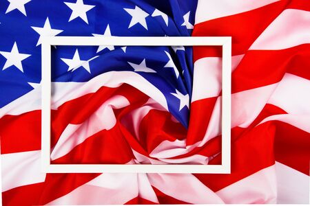 President's Day Concept, flat lay top view, America Flag and photo frame background with copy space...