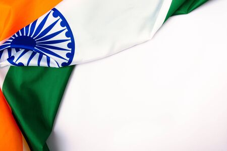 Indian republic day, flat lay top view, Indian tricolor flag on white background with copy space for...