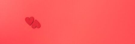 Valentine's Day background, Top view Flat lay Red heart on red background. Valentines day concept with copy spaceの写真素材