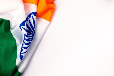 Indian republic day, flat lay top view, Indian tricolor flag on white background with copy space for your textの写真素材