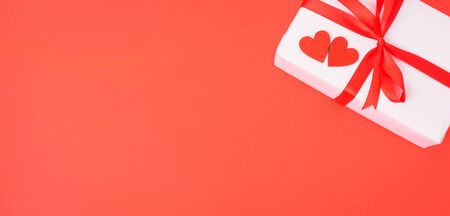 Valentine's Day Concept, Top view Flat lay, gift box on red background with copy space for your textの写真素材